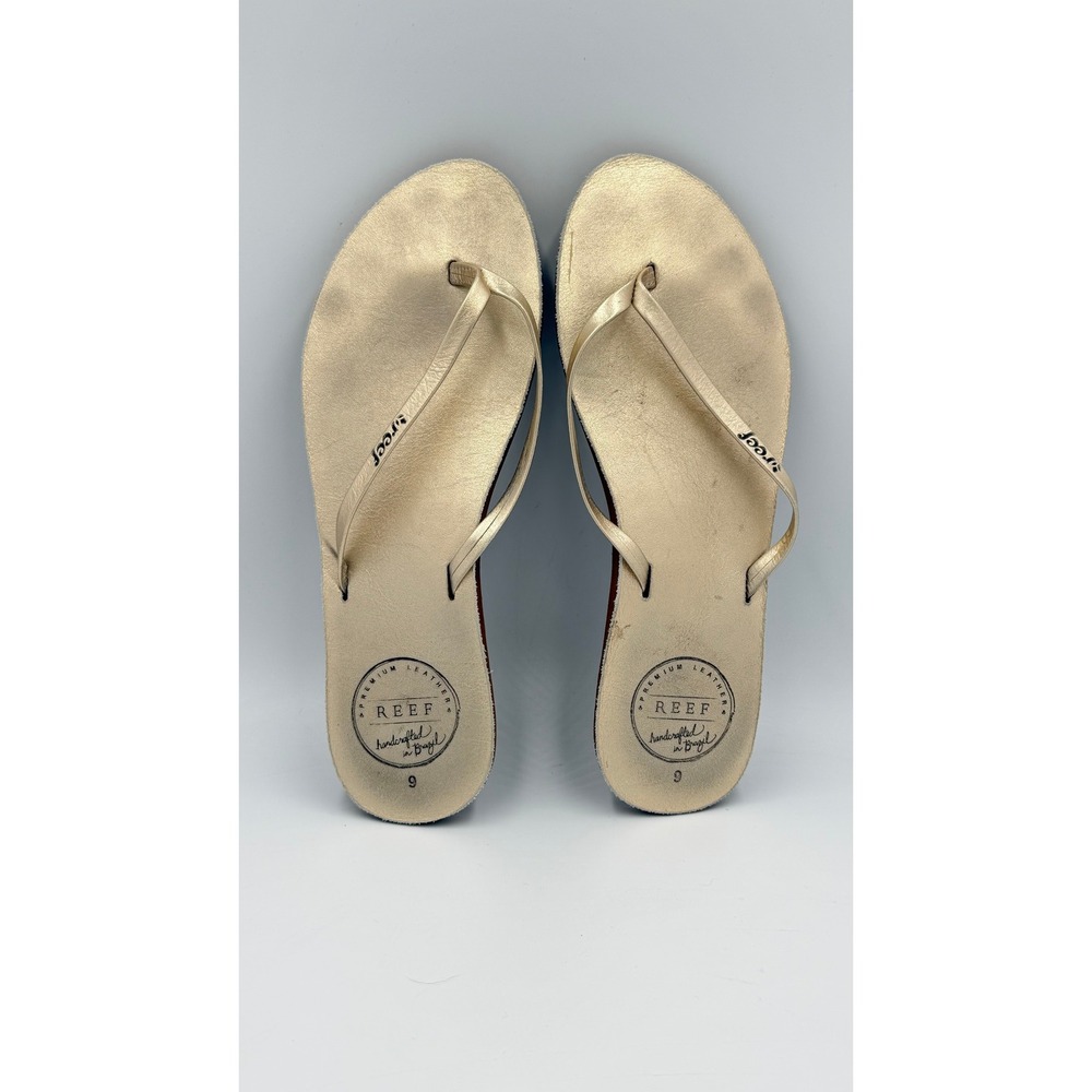 Reef Womens Premium Leather Flip Flops Gold Metallic Handcrafted Brazil Size 9